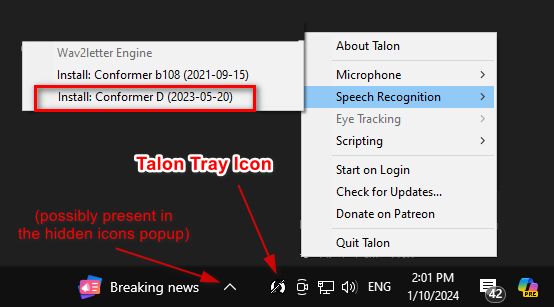 screenshot of the Windows desktop showing the speech recognition menu